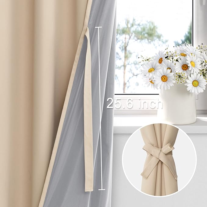 XWZO Total Blackout Curtains 84 Inches Long - Thermal Insulated, Noise Reducing and Heat Blocking Drapes for Hall and Studio Windows with Tiebacks, Biscotti Beige, W42 x L84, Set of 2