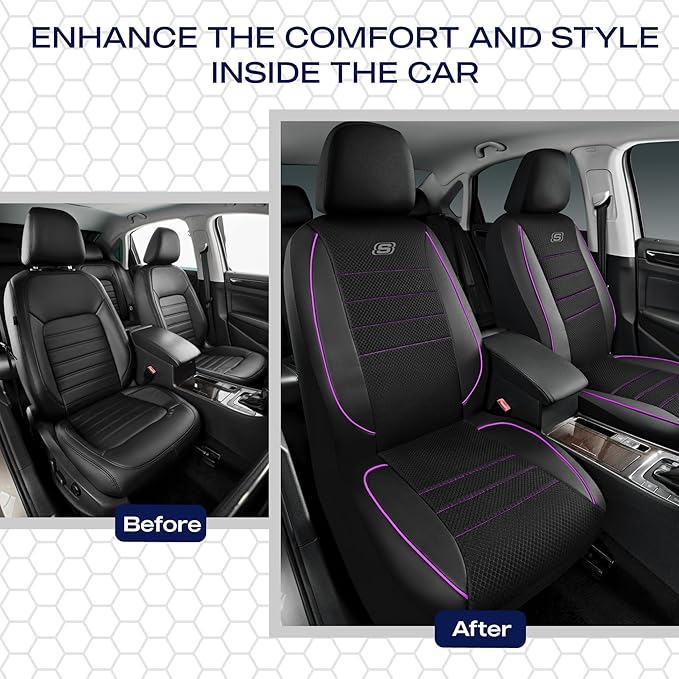 Skechers Air-Cooled Memory Foam Seat Covers,Mesh Thick Car Seat Covers,Piping Leather Car Seat Covers Front Seats,Airbag Compatible,Automotive Comfort Universal FitMost Cars,Vans,Truck,SUV,Purple