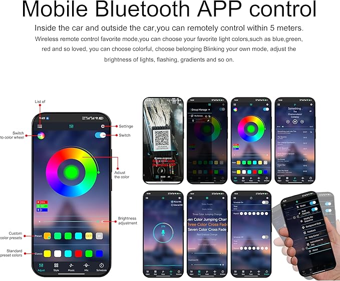 Car Atmosphere Light Kit 3m Fiber Optic RGB Multicolor Sound Active Music Sync Memory Function Bluetooth APP Control 64 Colors USB Car Interior Ambient Lighting Kit DC 12V