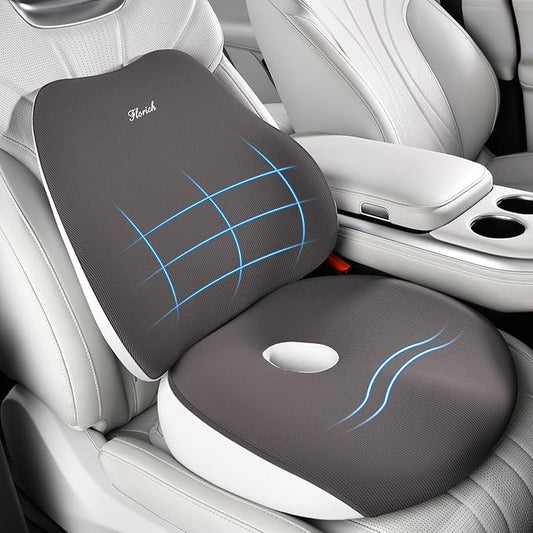 FLORICH Car Seat Cushion and Lumbar Support Pillow, Ergonomic Memory Foam Driving Seat Cushions for Back & Sciatica Pain Relief, Non-Slip Cushion for Car, Office, Truck, Wheelchair, Gaming Chair-Gray