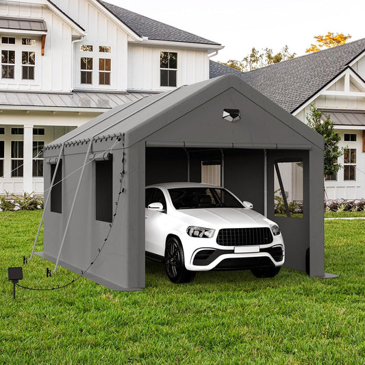 10x16 Carport, Heavy Duty Carport Canopy Garage with Removable Sidewalls and Drive Through Roll Up Zipper Doors, Grey