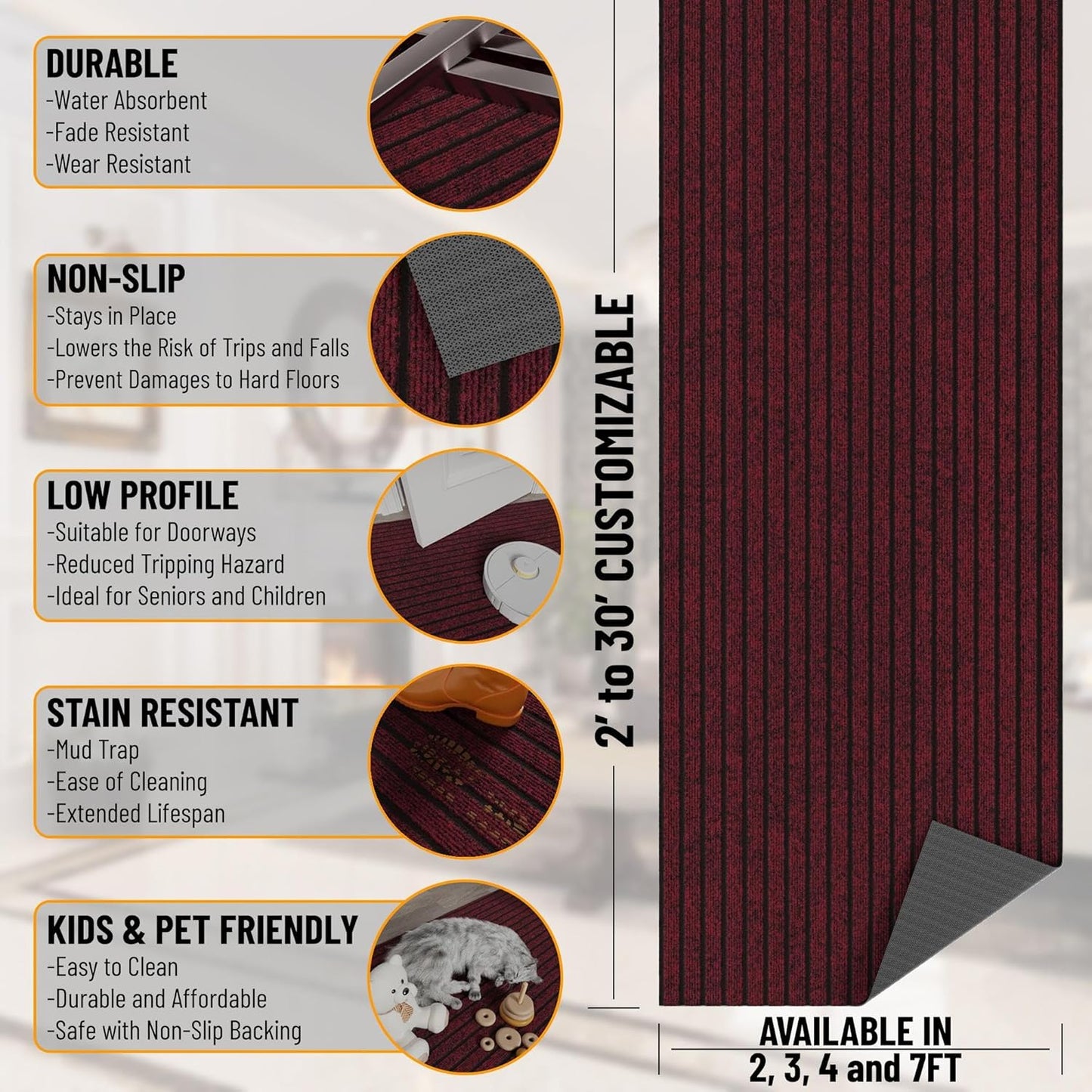 Ottomanson 2'7" x 9' Hallway Runner with Scraper Pile Extra Durable Non-Slip Rug Mat for Indoor & Outdoor Use - Ideal for Kitchen, Entryway, Patio & Garage - High-Traffic Carpet, Red