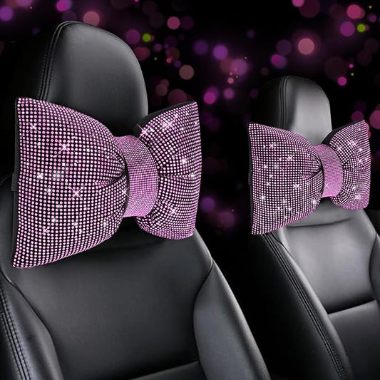 4 PCS Bling Car Pillows,Rhinestones Bowknot Car Headrest Pillow,Car Neck Pillow for Driver Relax Necksupport,Sleeping Travel Support Neck Pillow,Shiny Diamond Interior Accessories for Women,Pink
