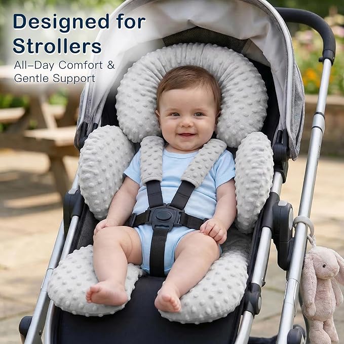 Pro Goleem Infant Car Seat Head Neck Body Support, Ultra-Soft Minky and Microfiber Newborn Car Seat Strap Pads, Perfect for CarSeat, Stroller, 2-in-1 Reversible, for Boys and Girls, Gray