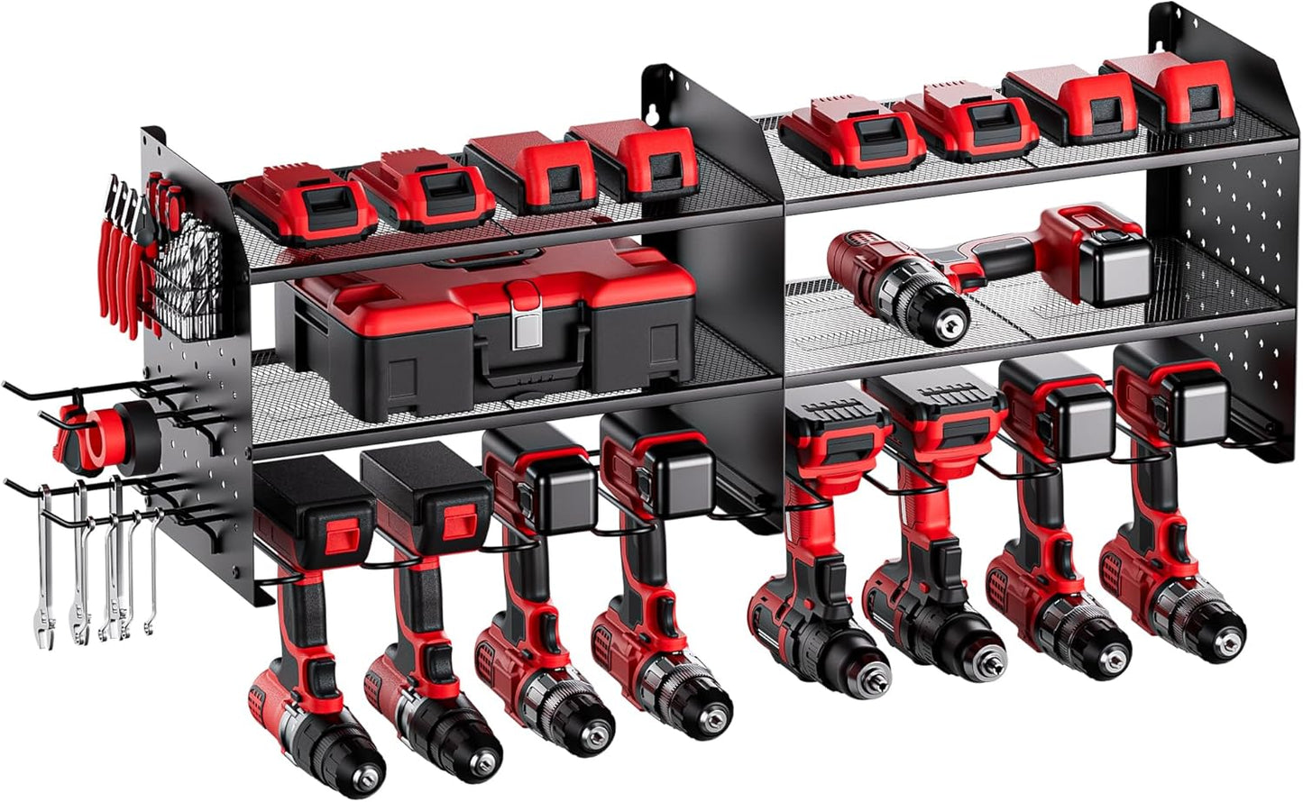 TRZZ 2-in-1 Power Tool Organizer Wall Mount, 3-Layer Drill Holder with 2 Side Pegboards, 8 Drill Holders, 4 Hooks, and 1 Drill Bit Rack, Tool Storage for Garage, Workshop, and Tool Room (Black)