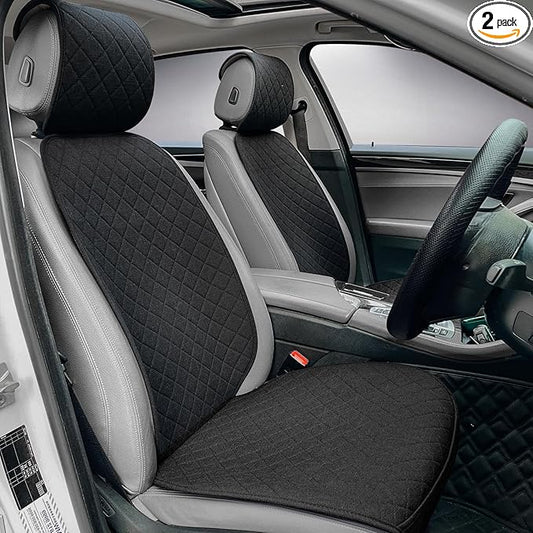 Linen Car Seat Covers Front Seat Covers Breathable Cloth Fabric Car Seat Protector - Universal Fit for Cars, Vans, SUVs, Trucks - 2 Units - Black
