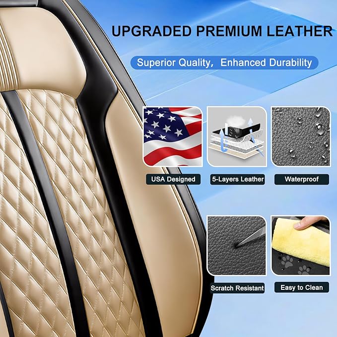 Fit Prologue Car Seat Covers for Select Honda Prologue 2024-2026 - Premium Full Coverage Leather, Airbag Compatible, Waterproof & All Weather Seat Cushion Protector, Front Pair Black+Beige