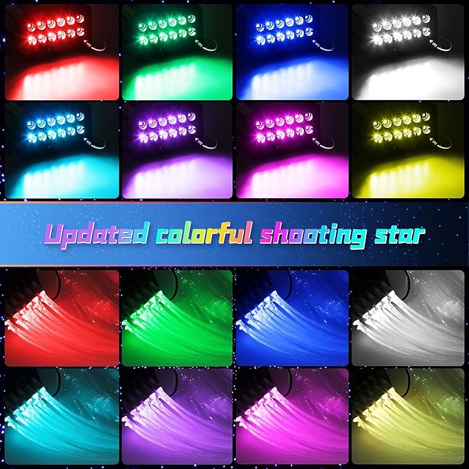 Car Starlight Headliner Kit, 4 Colors 32W Twinkle & Meteor Fiber Optic Ceiling Lights, 2 in 1 Light Engine 1100pcs*0.03in*13.1ft+240 RGBW Shooting Stars Lights for Car Roof Décor