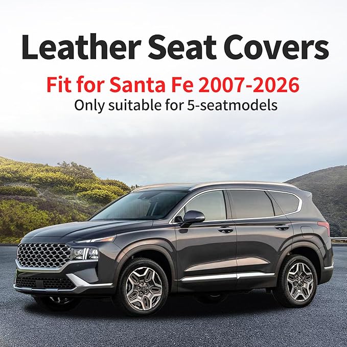 Santa Fe Seat Covers Custom Fit for Hyundai Santa Fe 2010-2026 (Only 5-Seat Version) - Full Set Premium Leather, Waterproof, All-Weather, Airbag Compatible, Only 2 Front seat Covers (Black)