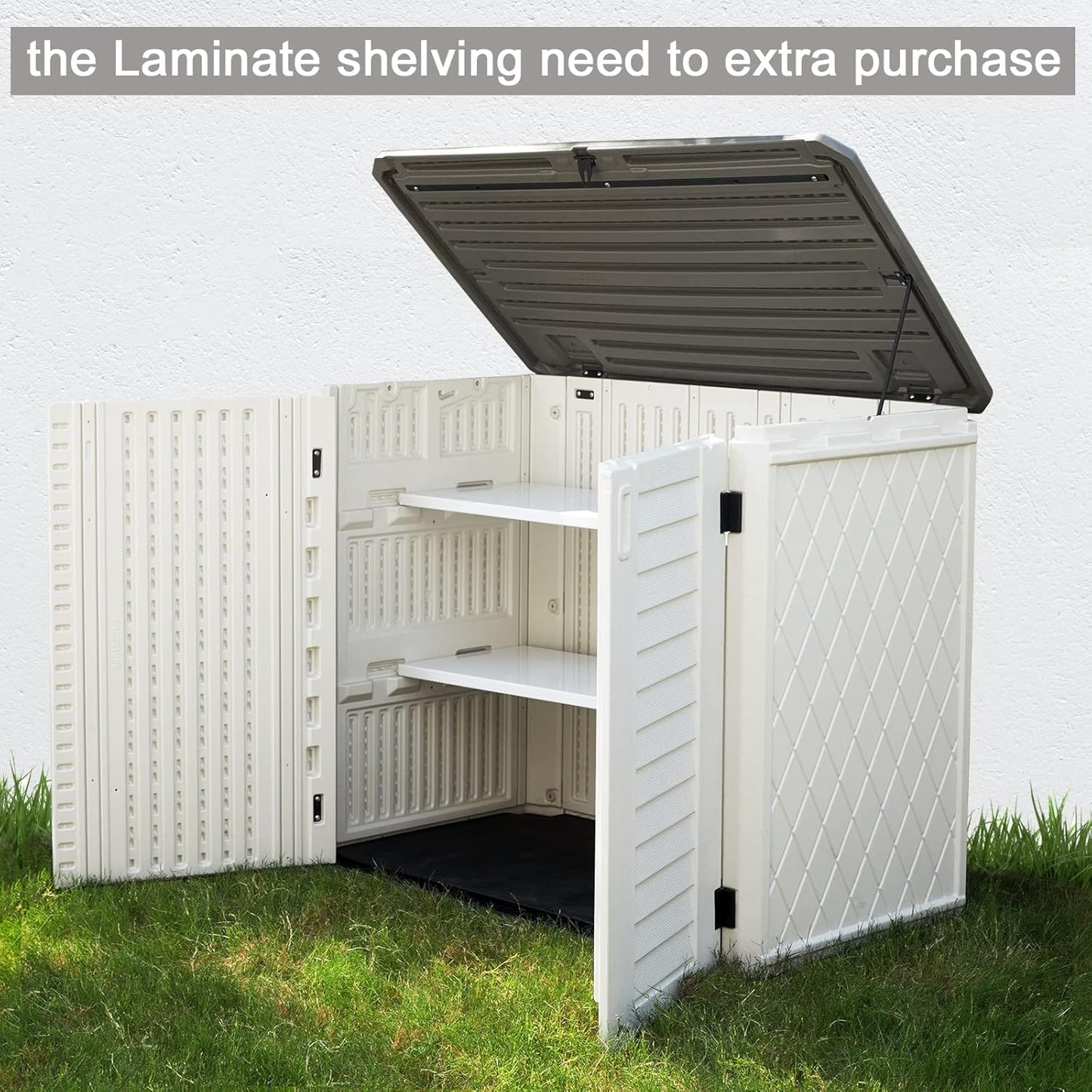 Horizontal Outdoor Garden Storage Shed for Backyards and Patios, Plastic Storage Box Waterproof, Small Shed 26 Cubic Feet Capacity for Bike, Garbage Cans, Lawn Mower, Tools and Garden Accessories
