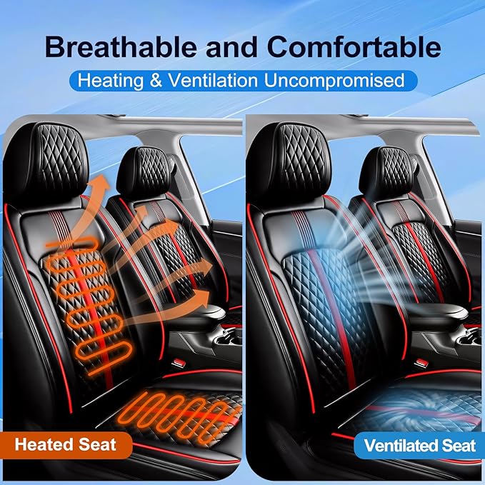 Fit Accord Car Seat Covers (Front Pair) for Select Honda Accord 2012-2026, Luxury Full Coverage Leather, Airbag Compatible, Waterproof & All Weather Seat Cushion Protector, Black with Red Trim
