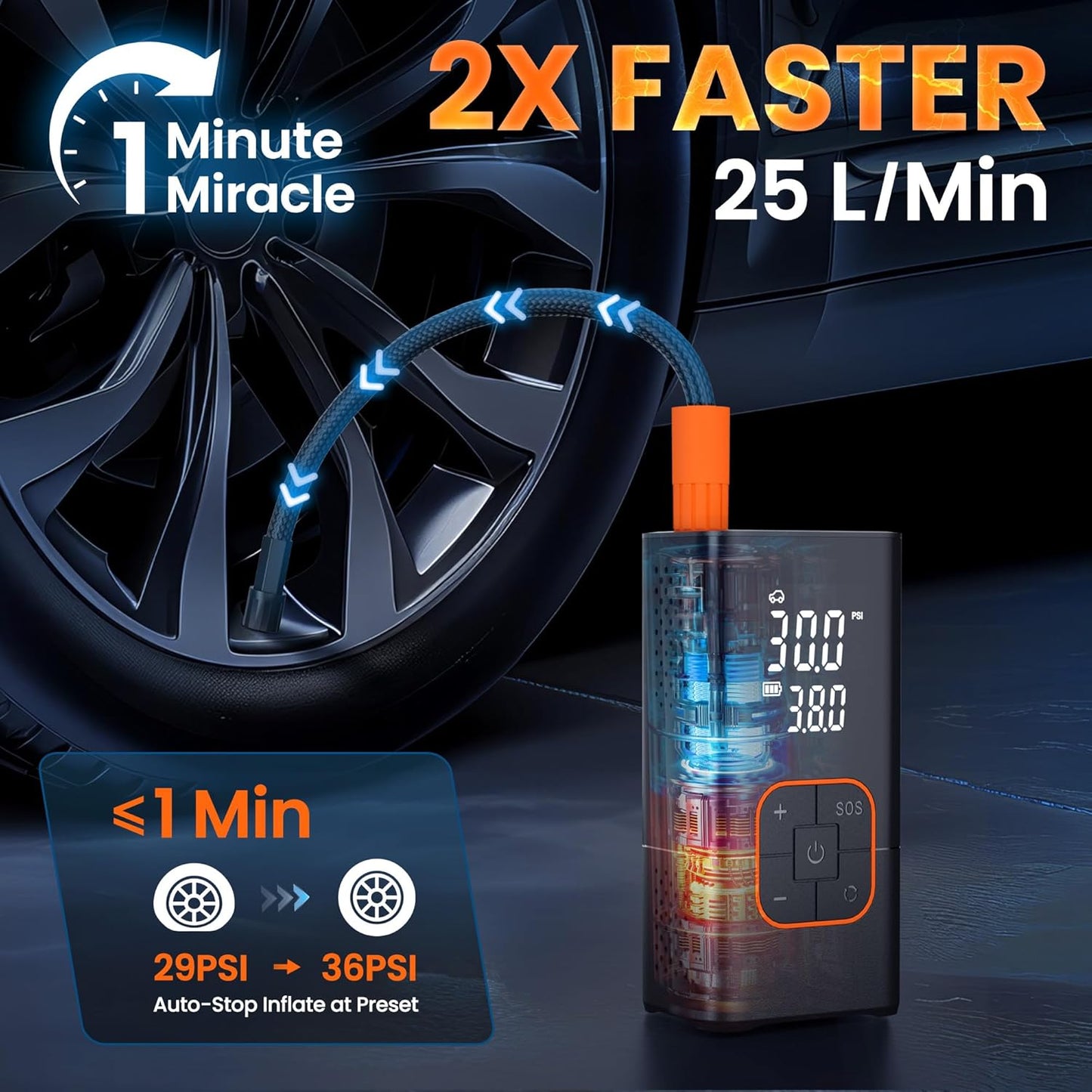 Tire Inflator Portable Air Compressor, 150PSI Bike Pump with Tire Pressure Gauge, LED Lights & Car Accessories, Cordless Air Pump for Car Tires, Bike, Motorcycle, Ball(Tangerine)