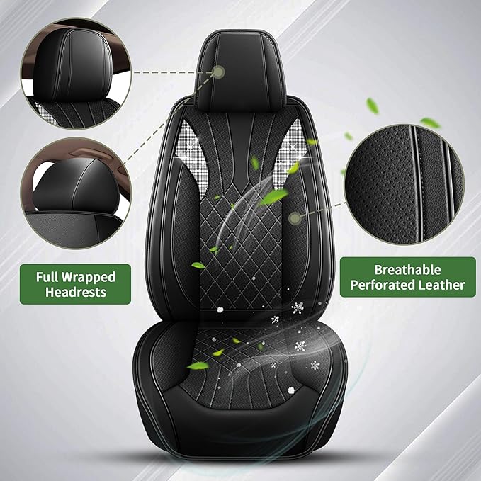 Bling Diamond Embroidered Seat Covers for Hyundai Santa Fe 2007-2025 2026, Full Set 5 Seats, Sparkle Rhinestone Breathable Perforated Faux Leather Car Seat Covers for Women (Black)