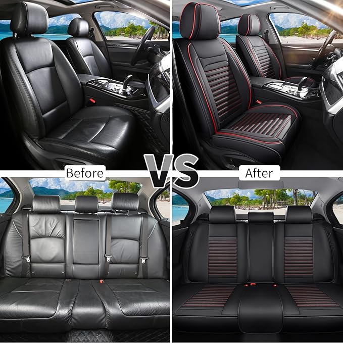 Car Seat Covers Full Set Fit for Toyota Camry 2001-2026, Premium Faux Leather Car Seat Protector,Breathable Anti-Slip Full Wrapping Edge Seat Covers(Black&Red,Full Set)