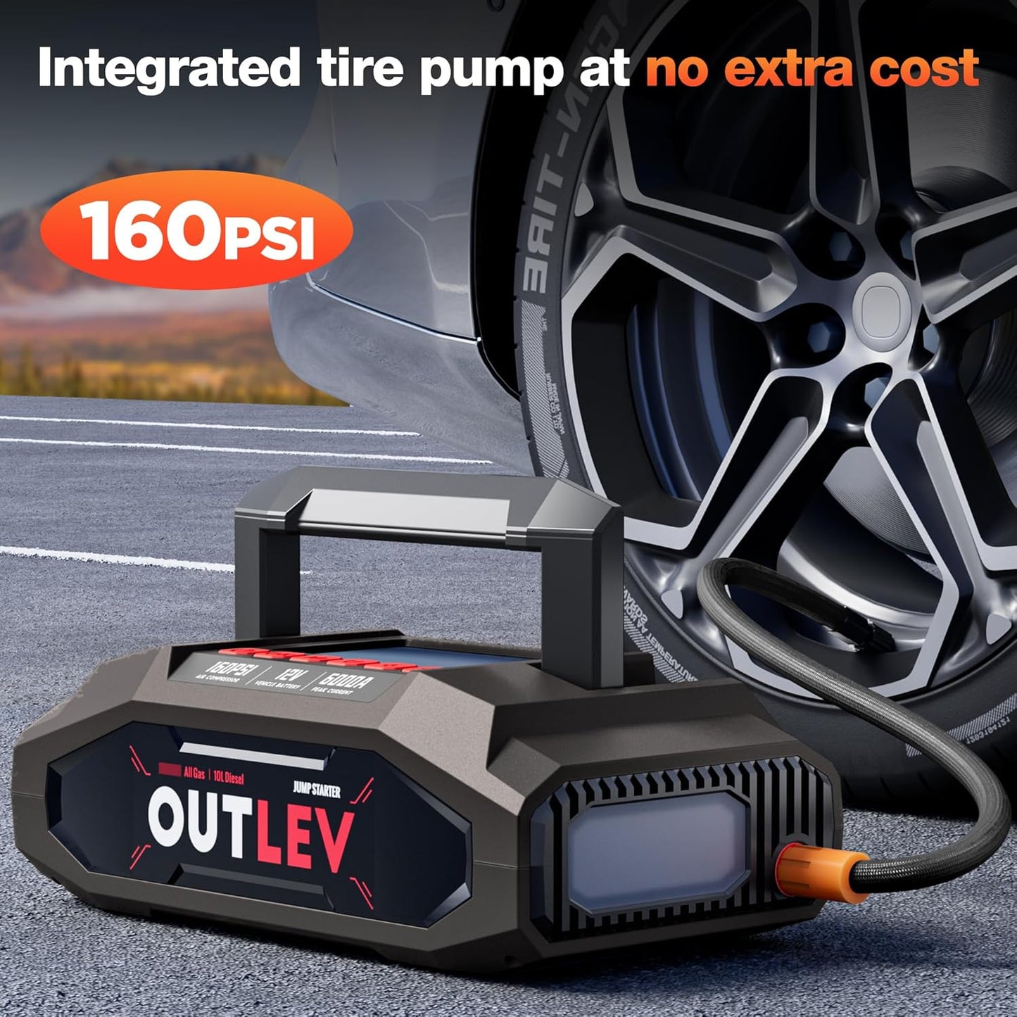 Jump Starter with Air Compressor (6000A 160PSI) - All-in-One Portable Jump Starter for Cars, Trucks, RV, Boat - Fast Charging, Safety Protection, Essential for Road Trips & Emergencies