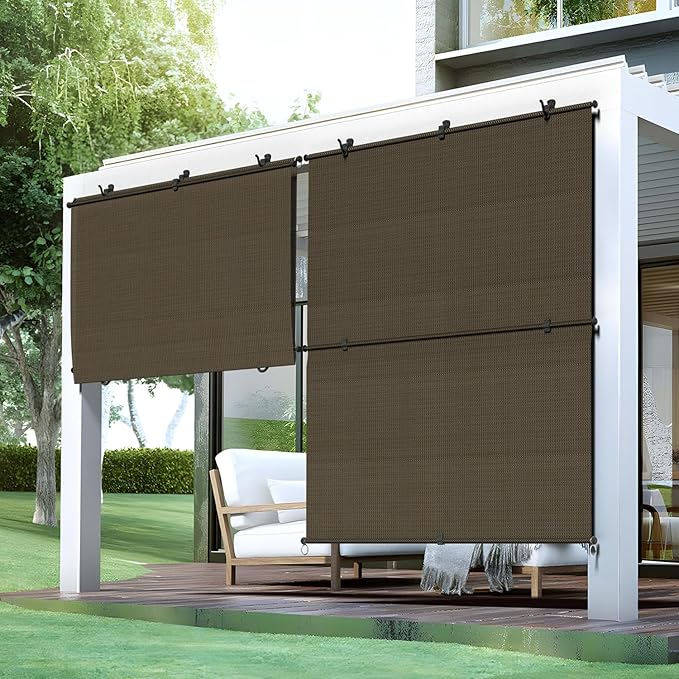 Bynbbur 7'W x 5'H Outdoor Patio Shades Foldable Roller Blinds, 220 GSM Sun Shade Roll Up Porch Screens Exterior Shade Cloth for Deck Pergola Backyard, Brown