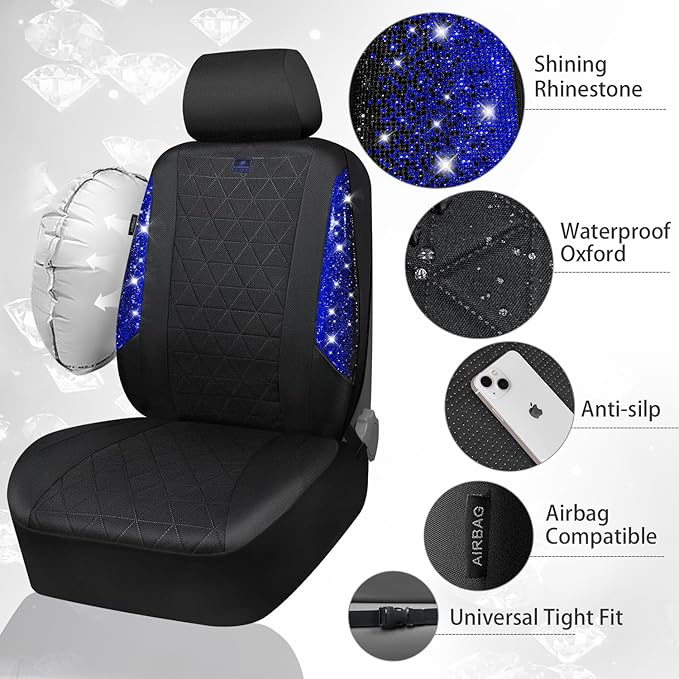 CAR PASS Oxford Bling Diamond Car Seat Covers 2 Front Interior Sets, Waterproof Shining Glitter Sparkly Crystal Universal Armrest Fit 95% Automotive Truck SUV Cute Women Girl, Black Blue Rhinestone