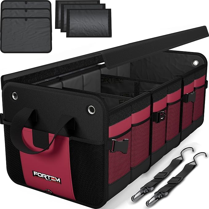 FORTEM Trunk Organizer For SUV Car Organizer and Storage, Multi-Compartment Storage Bag Car Accessories for Women Men, Perfect Christmas Gifts, 1680D Oxford, Non Slip Bottom, Straps, Soft Cover (90L)