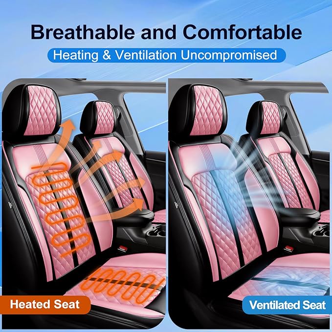 Fit Prologue Car Seat Covers for Select Honda Prologue 2024-2026 - Premium Full Coverage Leather, Airbag Compatible, Waterproof & All Weather Seat Cushion Protector, Full Set, Black+Pink