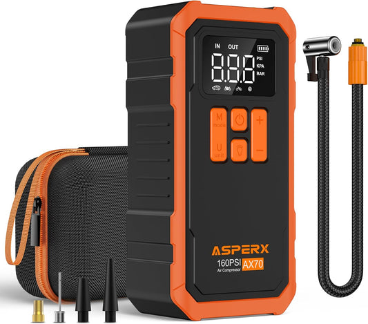 Tire Inflator Portable Air Compressor- 160PSI & 10000mAh Portable Air Pump with Carrying Case, LCD Display & LED Light, 3X Fast Inflation for Car, Bike, Motorcycle, Balls and more(Orange)