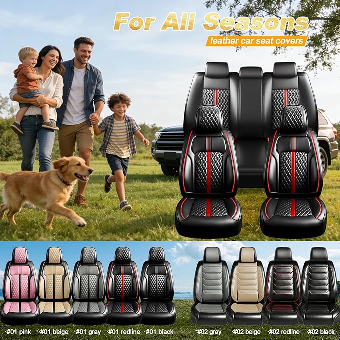 Fit Accord Car Seat Covers for Select Honda Accord 2012-2026 - Premium Full Coverage Leather, Airbag Compatible, Waterproof & All Weather Seat Cushion Protector, Full Set, Black with Red Trim