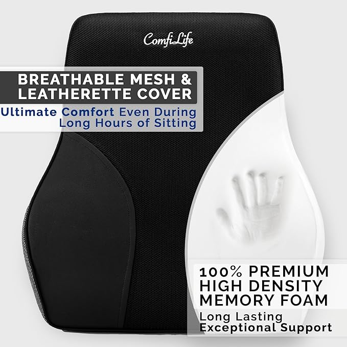 ComfiLife Lumbar Support Pillow for Office Chair – Premium Memory Foam Lumbar Pillow – Back Support for Office Chair, Car – Back Pain Relief, Improves Posture – 3 Adjustable Straps, Mesh + Leatherette