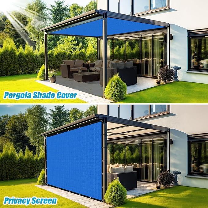 Amagenix 90% Pergola Shade Cover 7' X 15' Sun Shade Cloth with Grommets for Outdoor Garden Patio Porch, Commercial Grade 200 GSM - Cable Zip Ties Included (We Customized) GN108, Blue