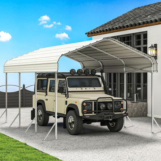 10x15' Heavy Duty Metal Carport – Sturdy Structure, All-Weather Protection, Easy Assembly for Cars, Trucks, Boats, Tractors, and Outdoor Storage (White, 10x15FT)