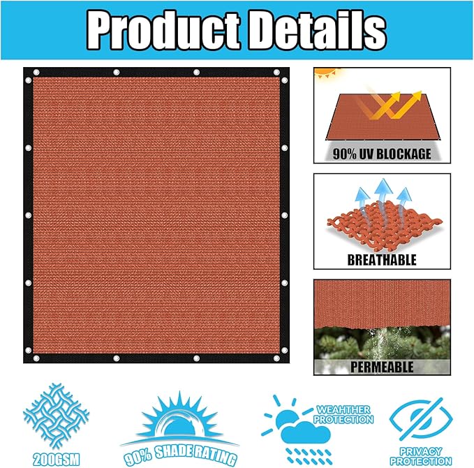 Amagenix 90% Pergola Shade Cover 9' X 14' Sun Shade Cloth with Grommets for Outdoor Garden Patio Porch, Commercial Grade 200 GSM - Cable Zip Ties Included (We Customized) GN108, Rust Red