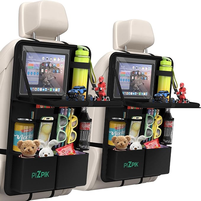 Plzpik Car Backseat Organizer with Tablet Holder,11 Storage Pockets with Foldable Food Tray, Protector Kick Mats for Kids, Travel Accessories Organizer (Black, 1Pack with Food Tray)