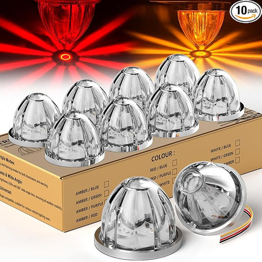 10-Pack Dual Color Watermelon Lights with Strobe & Steady Lighting Clear Lens Red/Amber LED Side Marker Turn Signal Lights for Truck Trailer RV Off-Road Vehicle
