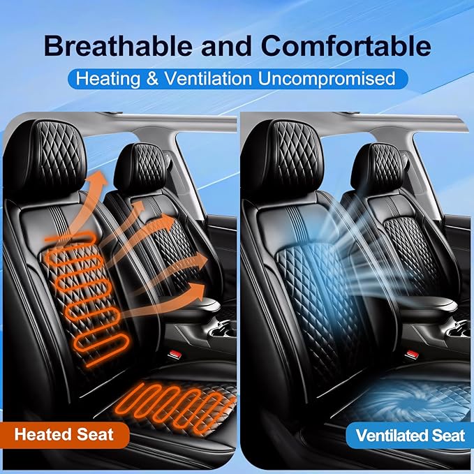 Fit Ridgeline Car Seat Covers (Front Pair) for Select Honda Ridgeline 2007-2026 - Premium Full Coverage Leather, Airbag Compatible, Waterproof & All Weather Seat Cushion Protector, Black