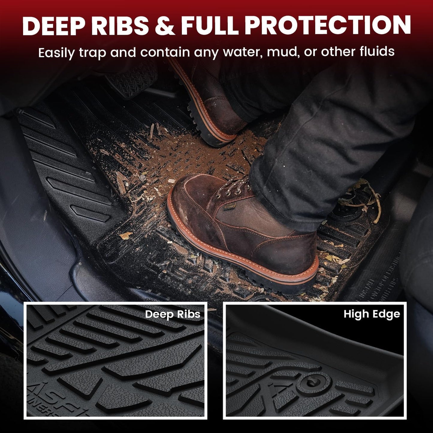 LASFIT Floor Mats for Ford F250 F350 2012-2016 Super Duty Crew Cab Without Manual Transfer Case Shifter All Weather Protector TPE Car Carpet Floor Liners, 1st & 2nd Rows, 3pc Black
