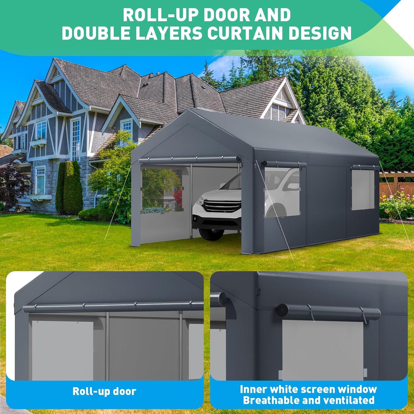 10X20 Ft Heavy Duty Carport Canopy, Portable Garage, Car Tents, Easy to Assemble, Reinforced Structure, with Hanging Edge, Applicable to Car, Bike, Boat, Party (Gray)