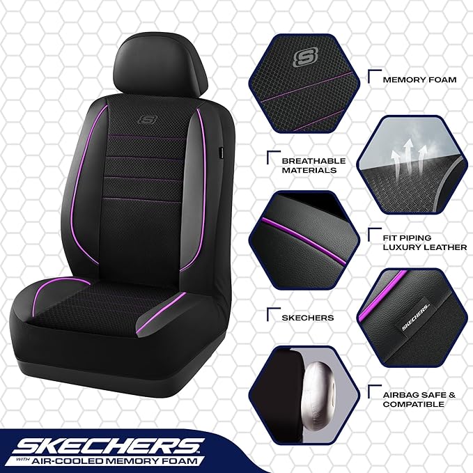 Skechers Air-Cooled Memory Foam Seat Covers,Mesh Thick Car Seat Covers,Piping Leather Car Seat Covers Front Seats,Airbag Compatible,Automotive Comfort Universal FitMost Cars,Vans,Truck,SUV,Purple