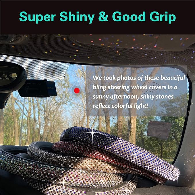 PINCTROT D Shaped Bling Comfy Steering Wheel Cover with Jumbo Crystal Rhinestones, Anti-Slip Diamond Leather, Flat Bottom 14.5-15 Inch (Silver)