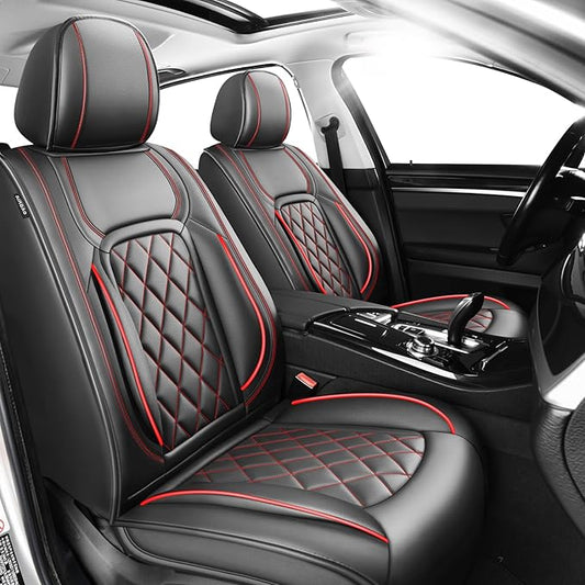 Fit Tucson Car Seat Covers Compatible with Hyundai Tucson 2010-2025 2026, Premium Leather Breathable, Wear Resistant, Airbag Compatible, All-Weather & Full Coverage, 2 Front Seat Red Line Black