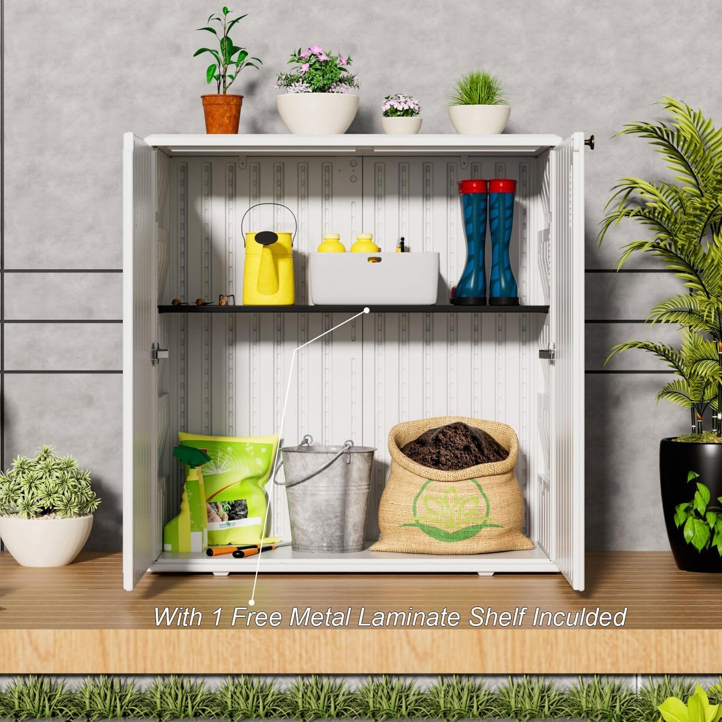 HOMSPARK Indoor/Outdoor Storage Cabinet with Doors and Shelf, 34”x16”x36” HDPE Plastic Storage Box for Patio, Bedroom, Bathroom, Living Room, Balcony, Multi-Purpose for Daily Tools, White