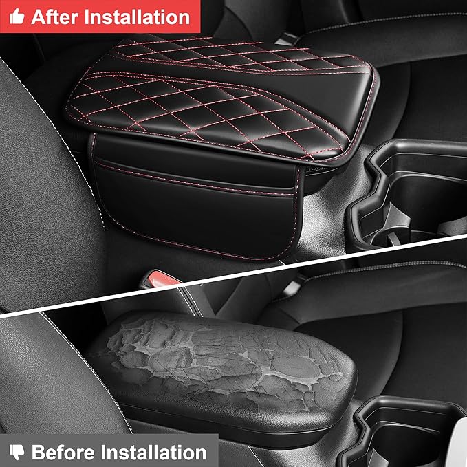 Car Center Console Cover Fit for Jeep Gladiator - Leather Armrest Covers with 2 Storage Pockets(Black&Red)