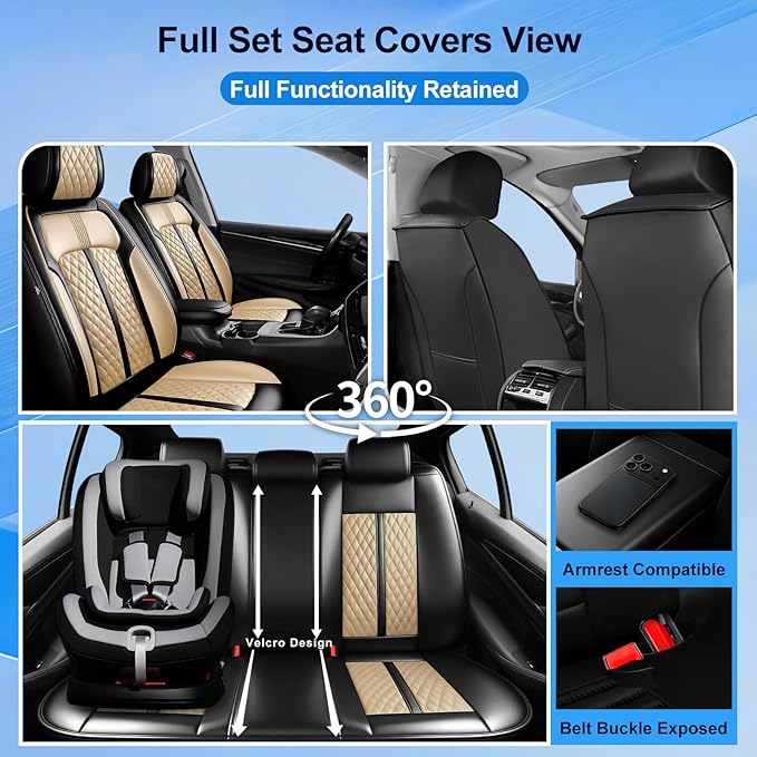 Fit Civic Car Seat Covers for Honda Civic 2020-2026 Sedan(Not for Coupe) - Premium Full Coverage Leather, Waterproof All Weather Breathable Seat Cushion Protector, Full Set, Black+Beige