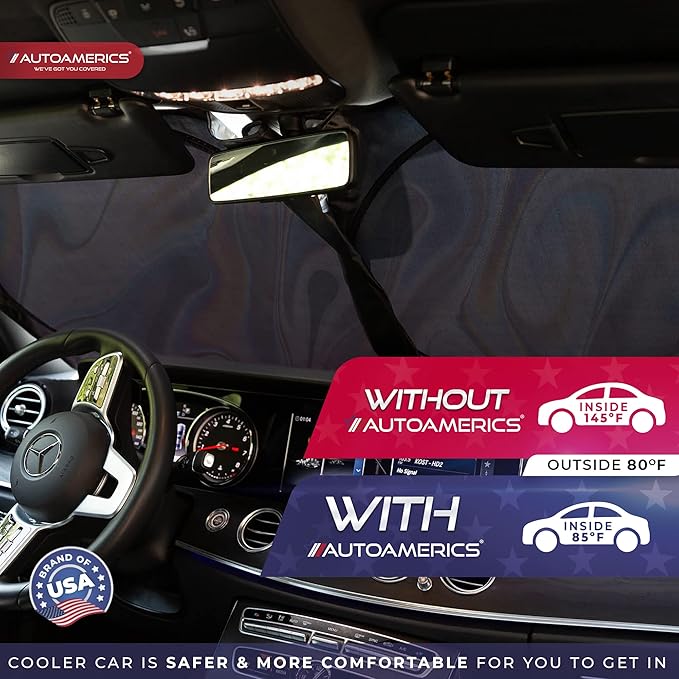 Autoamerics 1-Piece Windshield Sun Shade - Chrome Liquid Foldable Car Front Window Sunshade for Cars SUV Truck - Heat Blocker Visor Protector Blocks Max UV Rays and Keeps Your Vehicle Cool - Medium