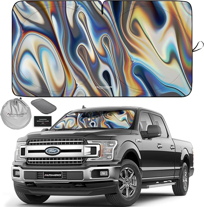 Autoamerics 1-Piece Windshield Sun Shade - Chrome Liquid Foldable Car Front Window Sunshade for Cars SUV Truck - Heat Blocker Visor Protector Blocks Max UV Rays and Keeps Your Vehicle Cool - X-Large