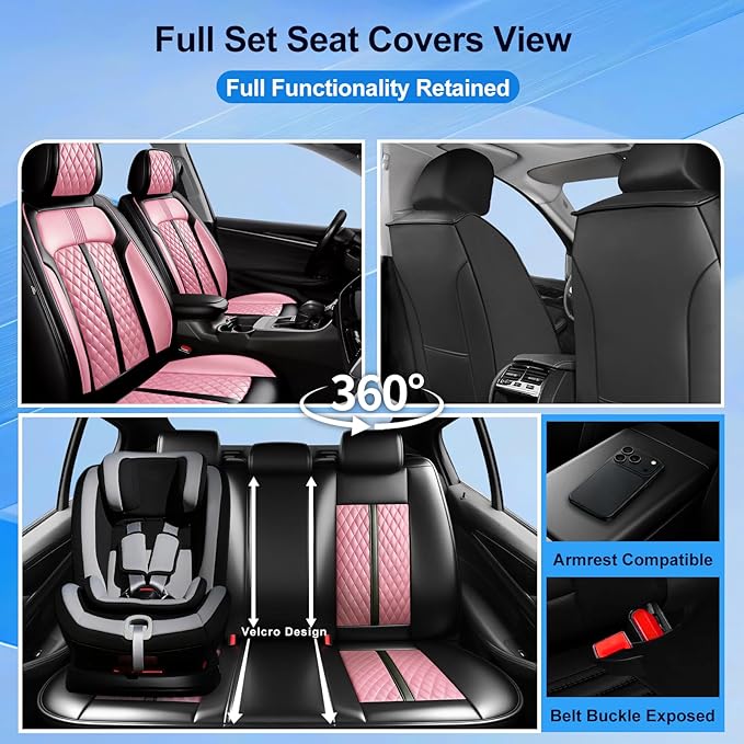 Fit Ridgeline Car Seat Covers for Select Honda Ridgeline 2007-2026 - Premium Full Coverage Leather, Airbag Compatible, Waterproof & All Weather Seat Cushion Protector, Front Pair Black+Pink