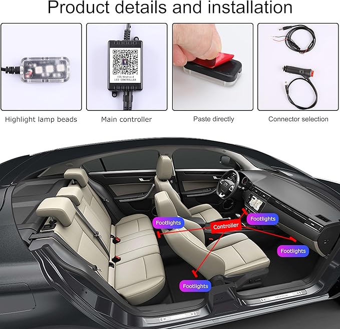 Car Ambient Lighting Kit 64 Colors Multicoloured Music Footwell Lighting APP Control Car DIY Decorative Atmosphere Lighting DC 12V 1W