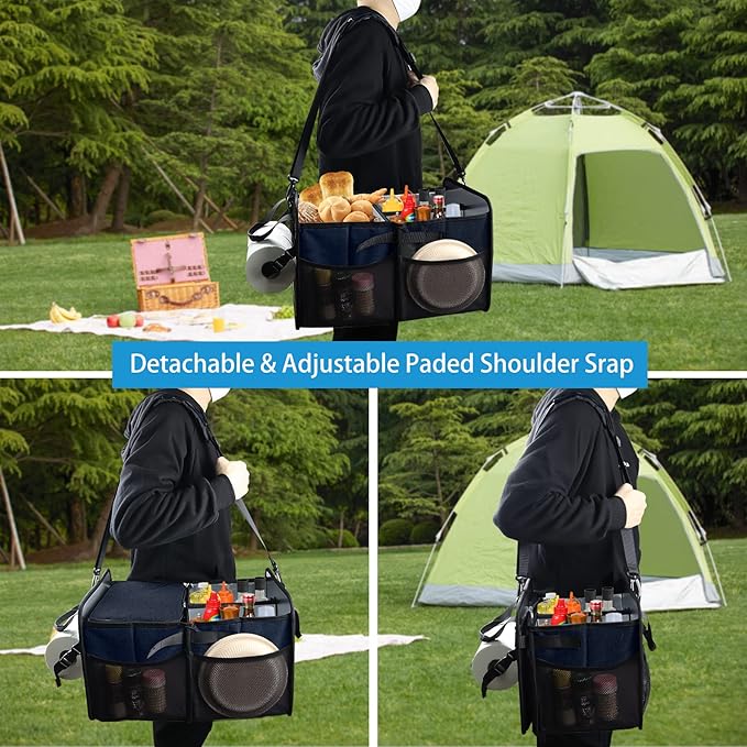 WOMACO Grill BBQ Caddy with Cooler Bag and Paper Towel Holder, Picnic Organizer for Utensil, Plate, Condiment, Griddle Caddy for Outdoor, Camper, Travel, Car, RV Must Haves (Dark Blue)