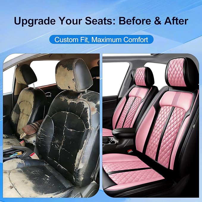 Fit Civic Car Seat Covers for Honda Civic 2020-2026 Sedan(Not for Coupe) - Premium Full Coverage Leather, Waterproof All Weather Breathable Seat Cushion Protector, Front Pair Black+Pink