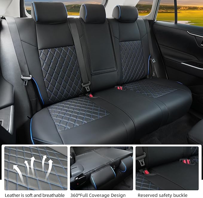 Lolcar Rav4 Seat Covers Custom Fit for Toyota Rav4 (for Hybrid) 2019-2025 LE,XLE,XLE Premium,Limited,Woodland Edition, Leather Truck Seat Cover Full Set for SUV,Faux Leather（Black with Blue Trim）