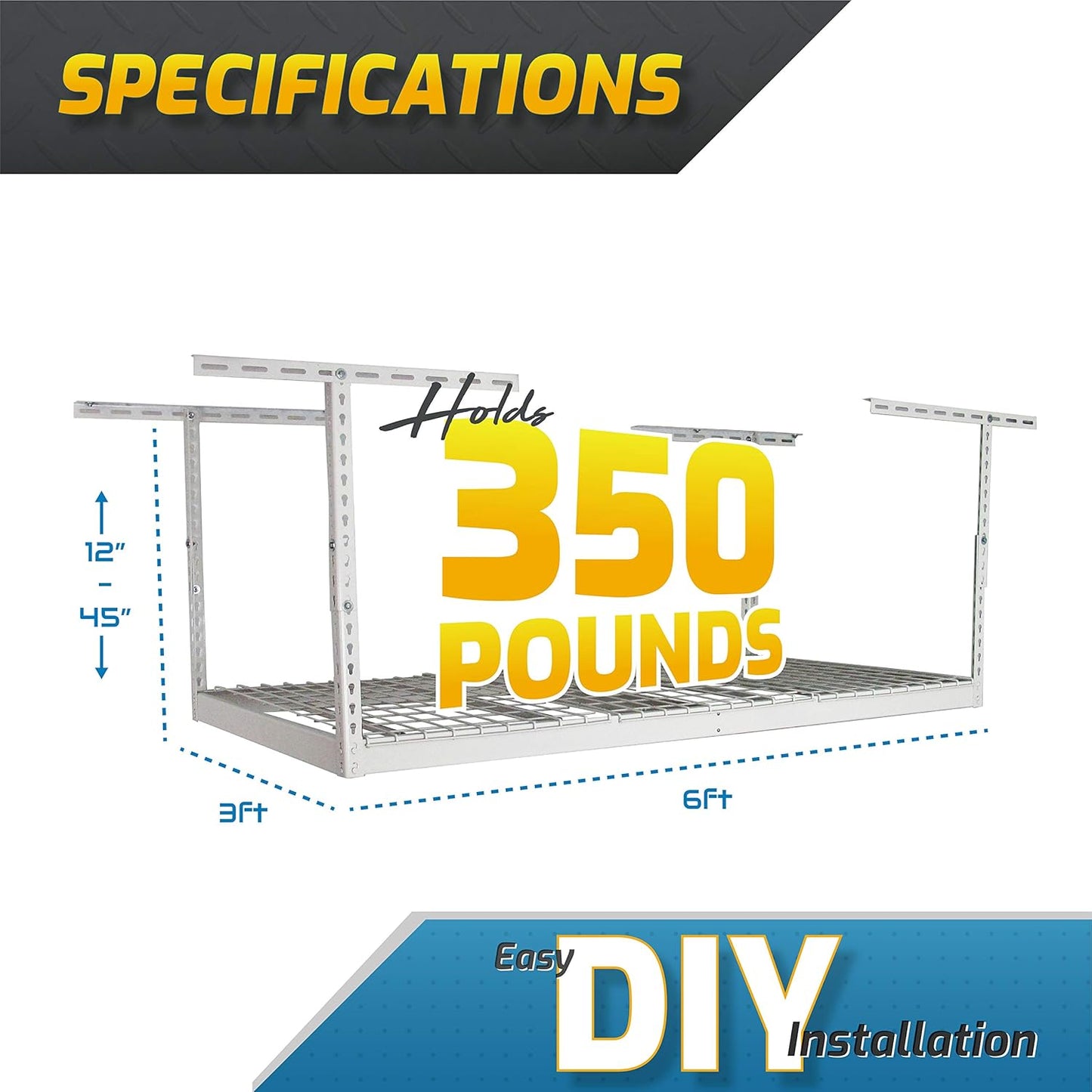 MonsterRax Overhead Storage Rack - Heavy Duty Shelving, 400 lb Capacity, Adjustable Rack, Ceiling Mount Shelves 3x6' White (18-33'')