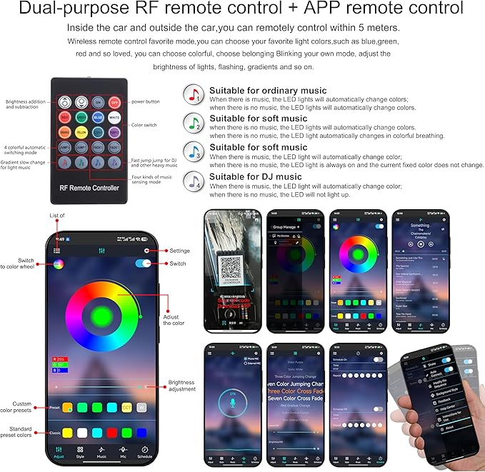 RGB Car Footwell Ambient Lighting Kit 16.7 Millions Colors Sound Active Music Sync APP Control + RF Remote Controller Cigarette Lighter Car Interior Multicolored Footwell Atmosphere Light