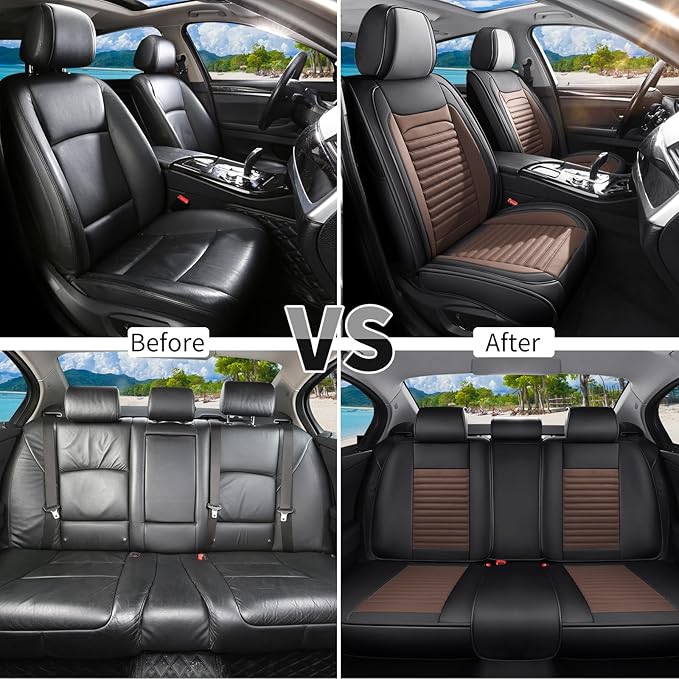 Car Seat Covers Full Set Fit for Toyota Prius 2001-2026, Premium Faux Leather Car Seat Protector,Breathable Anti-Slip Full Wrapping Edge Seat Covers(Black&Brown,Full Set)